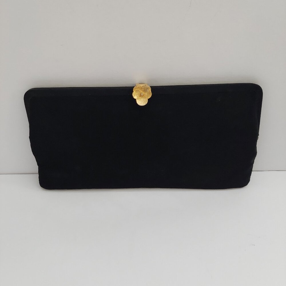 Elegant Black Clutch Purse w/ Chain - Slim Retro Style Flower Snap Top [6x12]